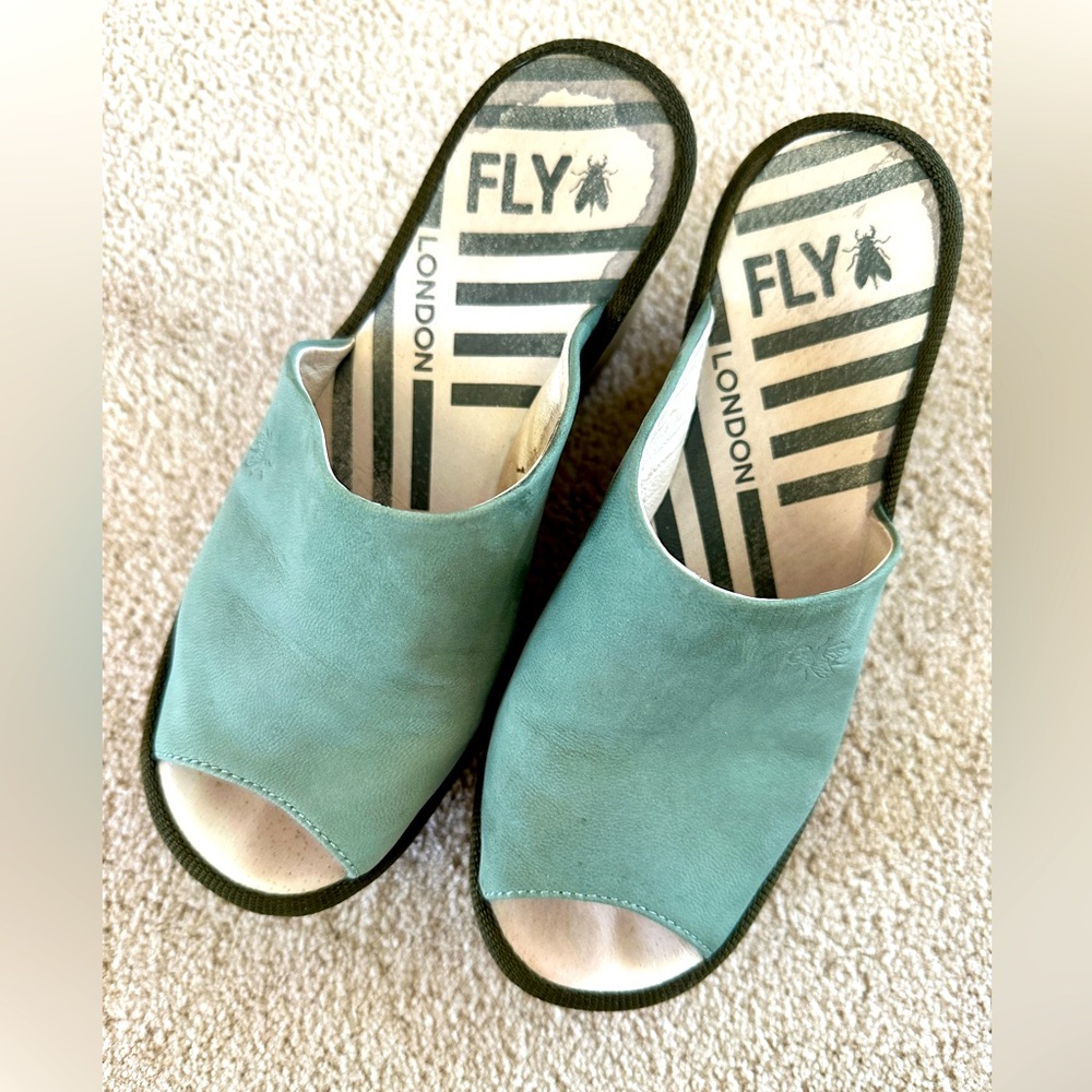 Fly London Teal Open-Toe Slide Sandals